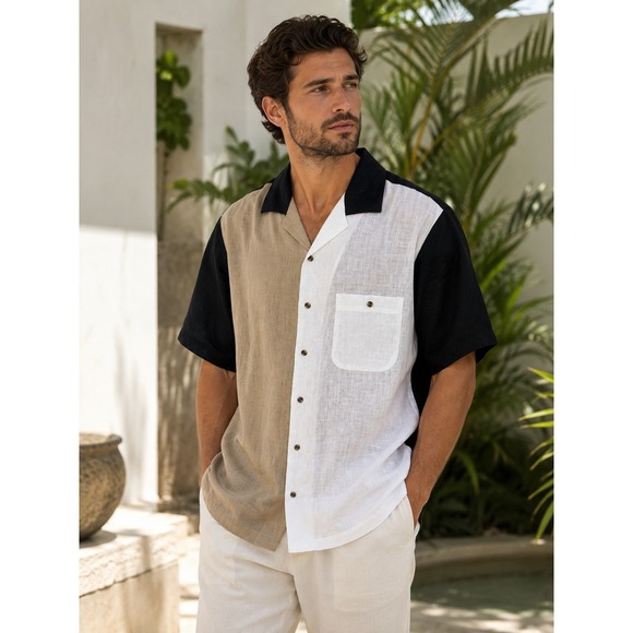 Paul Fredrick Other - Paul Fredrick Linen Colorblock Short Sleeve Button Shirt Large Coastal Resort